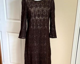 Vintage Chocolate Brown Lace Dress; Evening Cocktail Dress; Talbots Sheath Style Size 12;