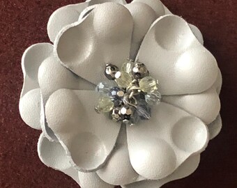 Vintage Leather Flower Brooch: Crystal Beaded Lapel Pin