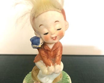 Vintage Josef Originals, George Good Pixie Elf with Bird Figurine 1974