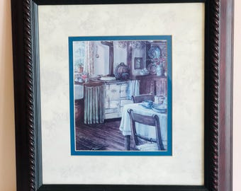 Vintage Framed Blue Sepia Tone Kitchen Print;  Retro Kitchen Dining Scene - 14'' x 13"