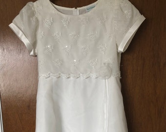 Gorgeous Special Occasion White Tea Length Girl's Dress & Matching Hair Bow ; First Communion/Flower Girl Dress; Size 14; Lovely Detailing.