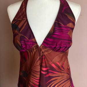 Vintage &#39;90s Y2K Tankini Two Piece Swimsuit. Women&#39;s Glamorous Magicsuit Copper/Fuchsia Tropical Pattern Bathing Suit. US Women&#39;s 12