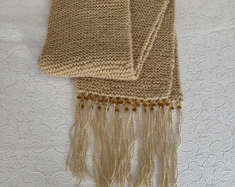 Vintage Hand Knitted Winter Scarf: Cream Beaded Fringed Scarf