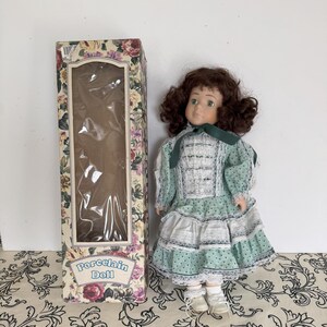 Vintage 16&quot; Porcelain Collectible Doll; Brunette Hair with Green Eyes; World Bazaars, Inc Doll; Victorian Doll with Green Dress and Bonnet;
