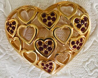 Vintage Gold Swarovski Heart Brooch: Ruby Red Crystal Pin