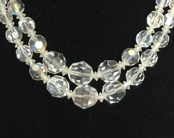 Vintage Double Strand AB Crystal Necklace; Mid Century Glam Choker
