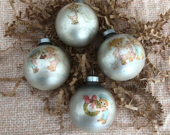 Vintage Hallmark 1975 Buttons & Bo Glass Christmas Tree Ornaments - Set of 4