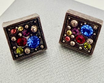 Vintage Handmade Rhinestone Silver Square Earrings
