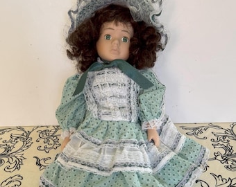 Vintage Doll: 16" Brunette with Green Lace Dress, World Bazaars Inc.