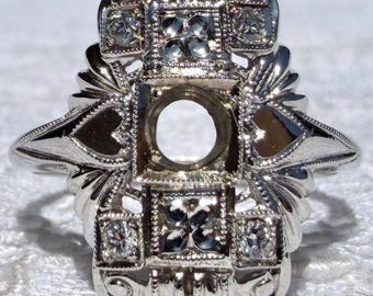 1930s Art Deco 18K White Gold DIAMOND Ring Setting/ Semi-Mount w/ HEARTS ~ 2.8 gr