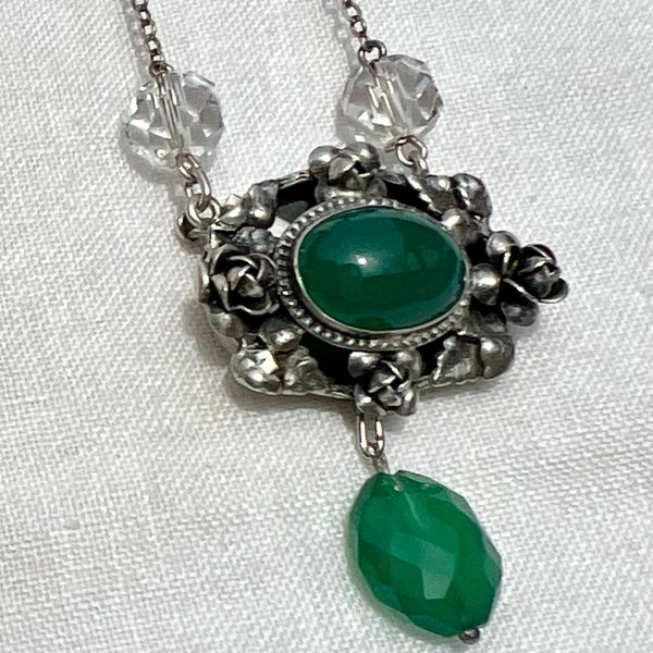 Antique CHRYSOPRASE & QUARTZ Crystal Sterling Silver ROSES Necklace ~ Germany