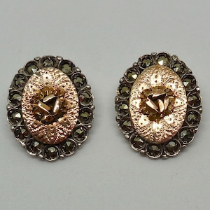 Vintage Art Deco Engraved Sterling Silver & 10K Rose Gold Marcasite ROSE Earrings