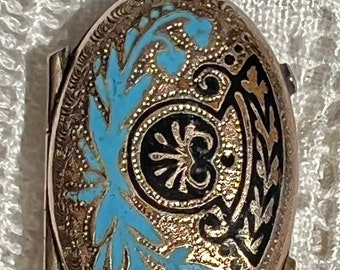 Antique Victorian TAILLE D’EPARGNÉ Black & Blue Enamel Gold-Filled Photo Locket