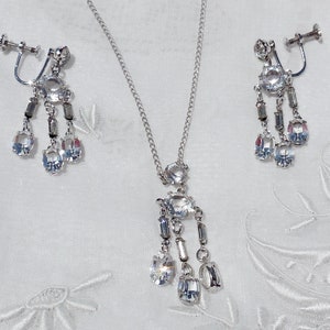 ヴィンテージ アールデコ クリアガラス オープンバック スターリングシルバー ネックレス & ダングル イヤリング セット