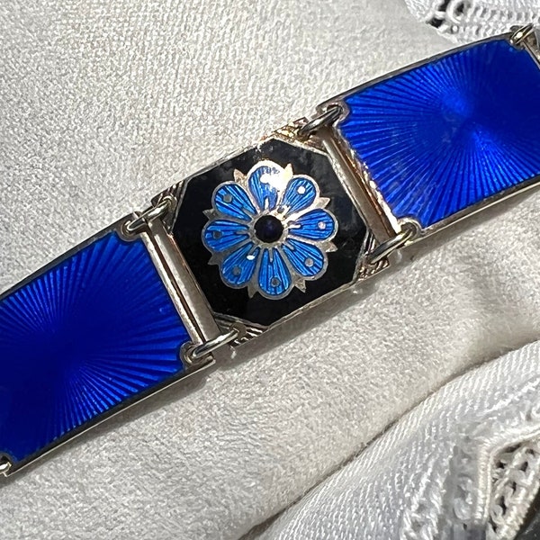 Vintage Art Deco DAVID ANDERSEN Norway Blue & Black Enamel Guilloche Sterling Silver Bracelet