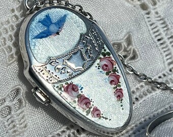 1916 Antique Edwardian BLUEBIRD & ROSES Enamel Guilloche Sterling Silver Locket