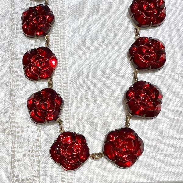 Vintage 1930s Art Deco RED ROSE Czech Vauxhall Glass Necklace