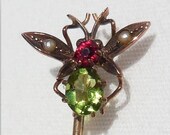 Antique Art Nouveau 14K Gold BUG INSECT Stick Pin Stones Seed Pearls