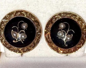 Antique Victorian 12K Gold ONYX & Seed Pearl Lily of the Valley Mourning Earrings