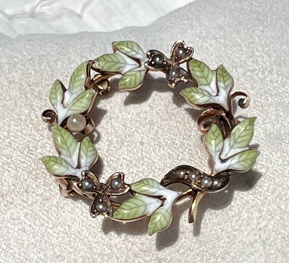 Antique 14K Gold IVY WREATH Enamel & Seed Pearl P… - image 3