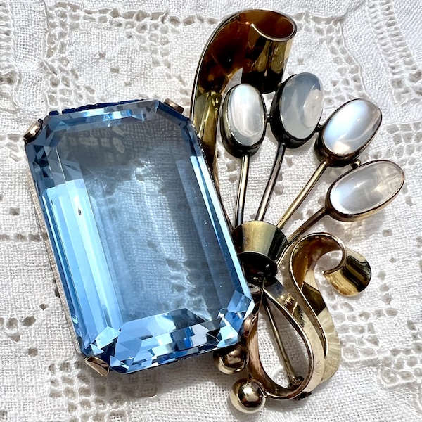 Retro 1940s WALTER LAMPL Moonstone & Large Blue Glass Gold-Filled Brooch
