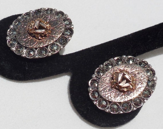 Vintage Art Deco Engraved Sterling Silver & 10K Rose Gold Marcasite ROSE Earrings View 4