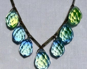 Vintage Art Deco Blue & Green BI-COLOR VASELINE Crystal Glass Dangle Necklace