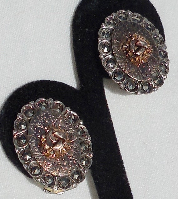 Vintage Art Deco Engraved Sterling Silver & 10K Rose Gold Marcasite ROSE Earrings View 3