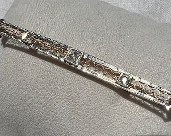 Antique Edwardian OSTBY & BARTON 10K Gold Diamond Filigree Bar Pin