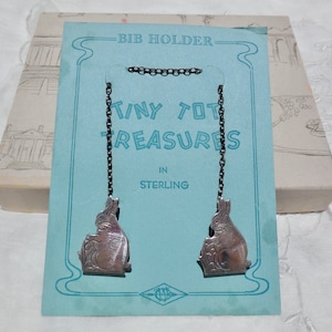 vintage 1930s Art Déco Sterling Argent BUNNY Lapin Bébé Porte-bavoir / Clips ~ Webster Co. ~ CARTE ORIGINALE