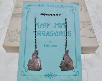 Vintage 1930s Art Deco Sterling Silver BUNNY Rabbit Baby Bib Holder / Clips ~ Webster Co. ~ ORIGINAL CARD
