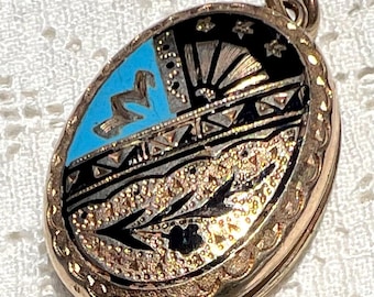 Antique Victorian TAILLE D’EPARGNÉ Black & Blue Enamel Gold-Filled Photo Locket *Original Glass*