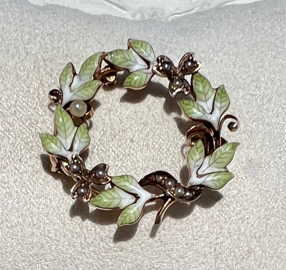 Antique 14K Gold IVY WREATH Enamel & Seed Pearl P… - image 1