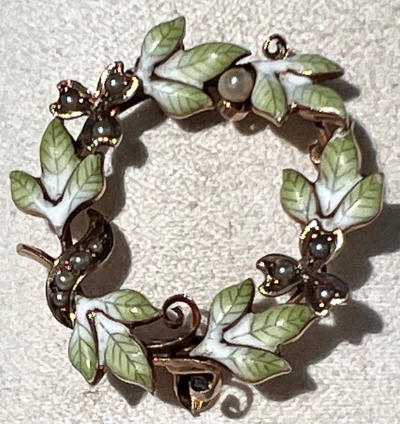 Antique 14K Gold IVY WREATH Enamel & Seed Pearl P… - image 4