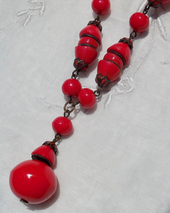 Vintage Art Deco Lipstick Red CZECH GLASS Drop Ne… - image 4