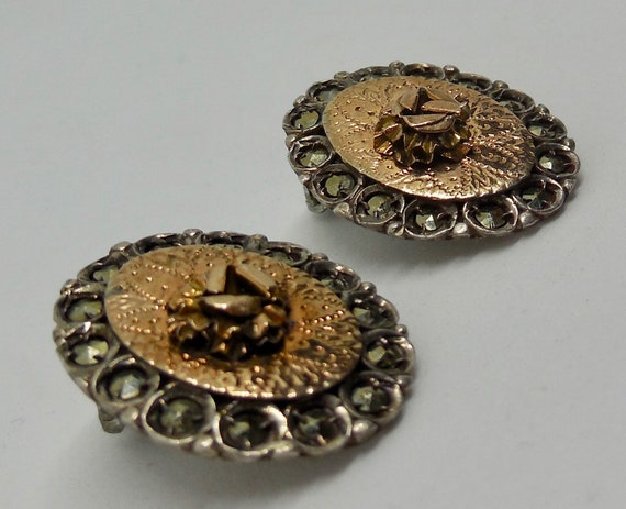 Vintage Art Deco Engraved Sterling Silver & 10K Rose Gold Marcasite ROSE Earrings View 5