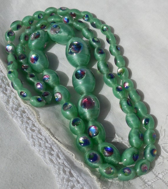 Vintage Art Deco RAINBOW Foil PEACOCK EYE Jadeite 