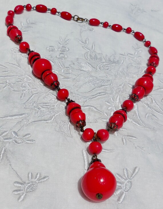 Vintage Art Deco Lipstick Red CZECH GLASS Drop Ne… - image 3