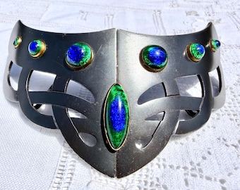 Large Antique Arts & Crafts PEACOCK EYE Glass Gunmetal Belt Buckle