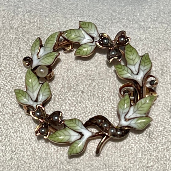 Antique 14K Gold IVY WREATH Enamel & Seed Pearl P… - image 2