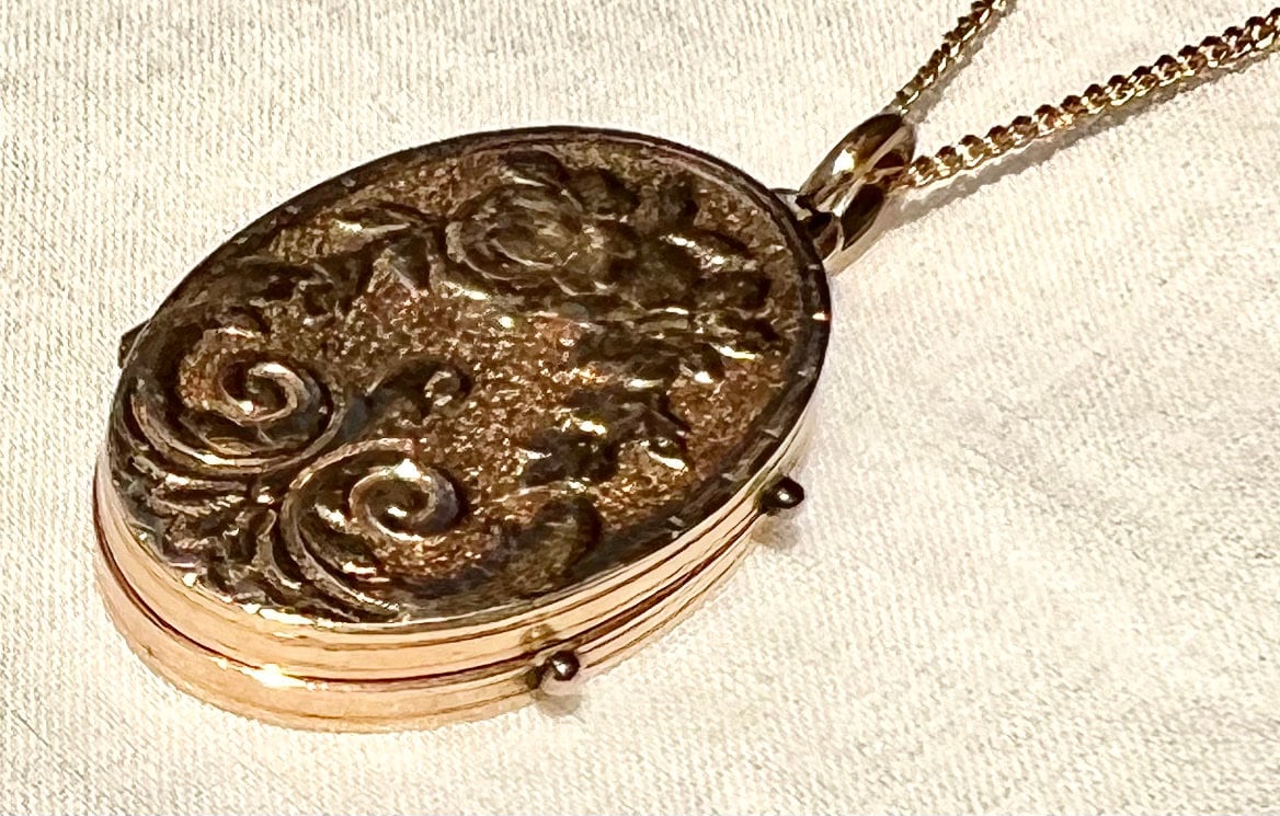 Antique Flower Locket - Gold Filled Rhinestone Engraved