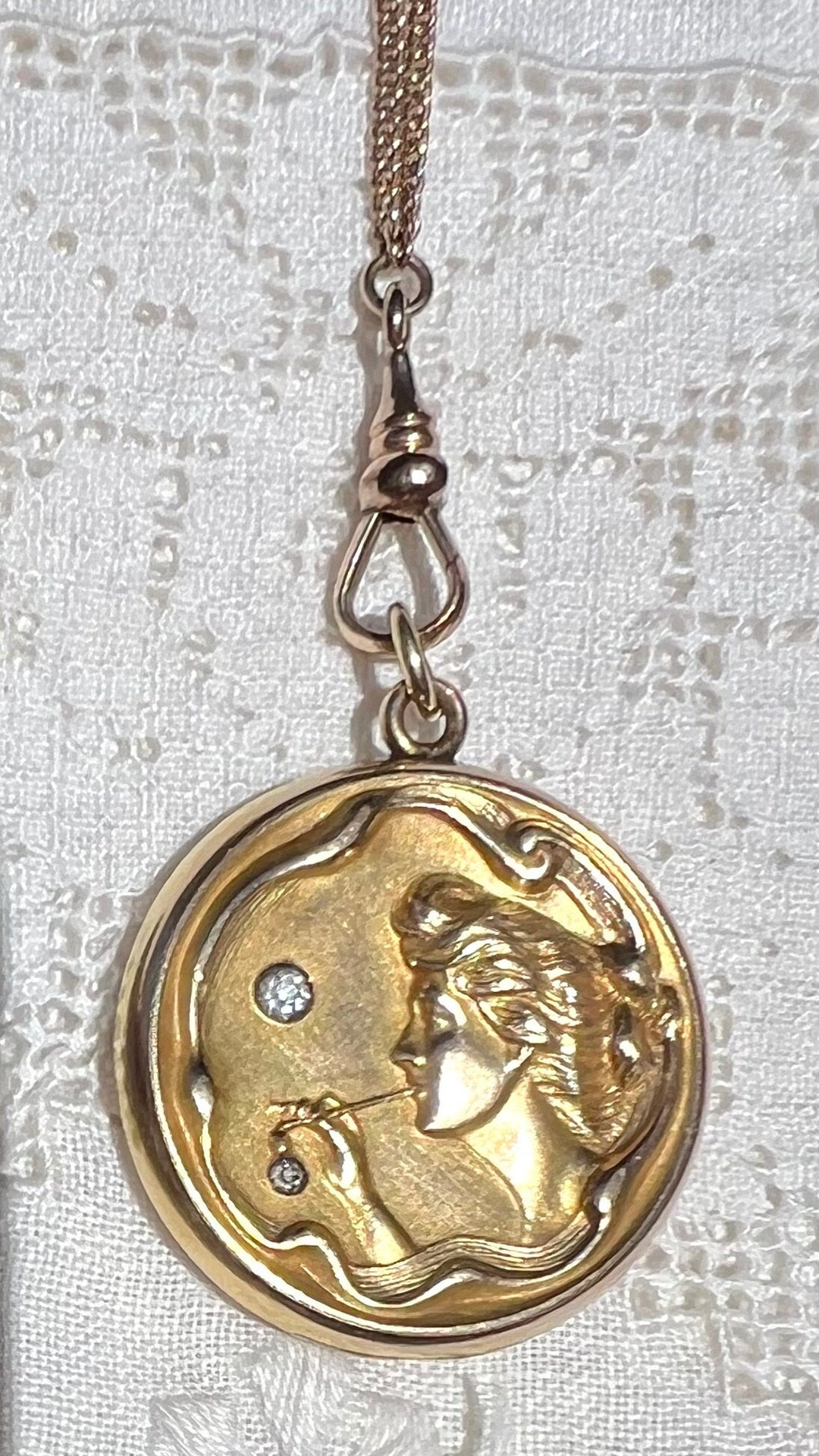 Antique Art Nouveau BUBBLE LADY Locket & Slide GF Chain Necklace ...