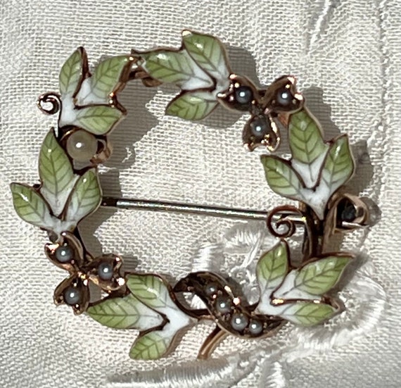 Antique 14K Gold IVY WREATH Enamel & Seed Pearl P… - image 5
