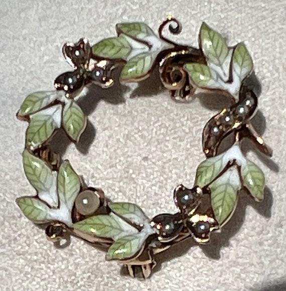 Antique 14K Gold IVY WREATH Enamel & Seed Pearl P… - image 10
