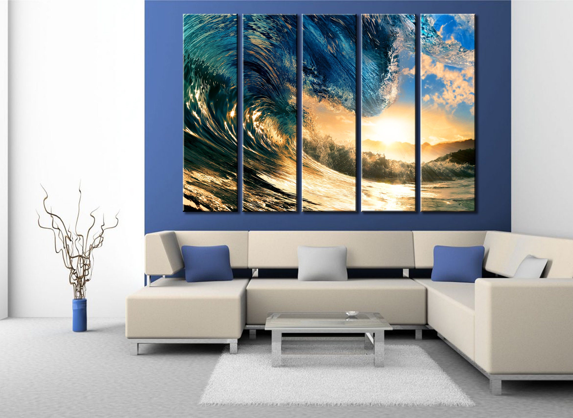 Sunset Sea Water Wall Art Ocean Wave Canvas Print Mountains Sunset Sea ...