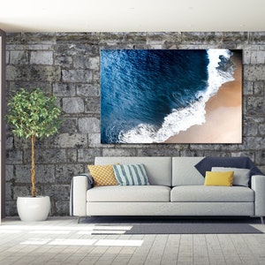 Stampe da spiaggia / Stampe artistiche aeree da parete sulla spiaggia / Arte murale incorniciata in tela / Fotografia aerea sulla spiaggia / Paesaggi marini / Poster oceanico / Arte della tela a onde