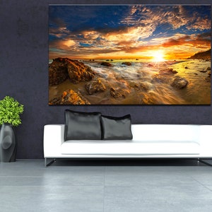 Paisajes marinos, impresión de lienzo de playa, puesta de sol naranja, impresión de playa, arte de lienzo de onda, arte de gran pared, cartel del océano, arte de la pared arte lienzo, puesta de sol en el mar