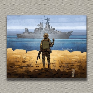 Russisches Kriegsschiff, Stand mit der Ukraine, blau und gelb, beten für die Ukraine, Briefmarke, Frieden Ukraine, Kein Krieg, PatriotEn Druck