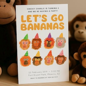 Digital Editable Monkey Theme Birthday Invitation, Template, Let&#39;s Go Bananas Invite, Party Invite, Jungle Theme Birthday Invitation