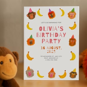 Digital Editable Monkey Theme Birthday Party Invitation, Template, Let&#39;s Go Bananas Invite, Party Invite, Jungle Theme Birthday Invitation